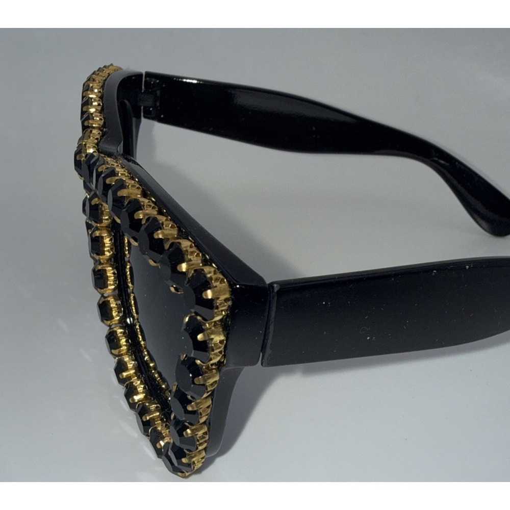 OVERSIZED Square Black & Gold Crystal Studded Sunglasses Black Frame Hand Made - Picture 3 of 4